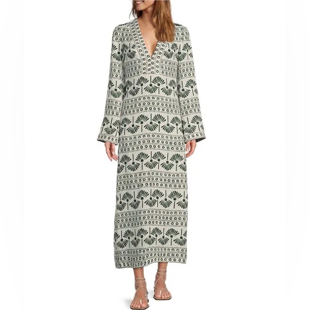 Antonio Melani x The Nat Note ivory & green palm printed linen kaftan maxi dress